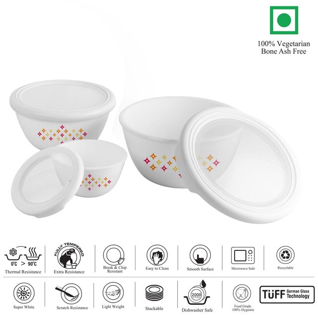 Cello Opalware Sparkling Star Mixing Bowl Set With Premium Lid 3 Units White