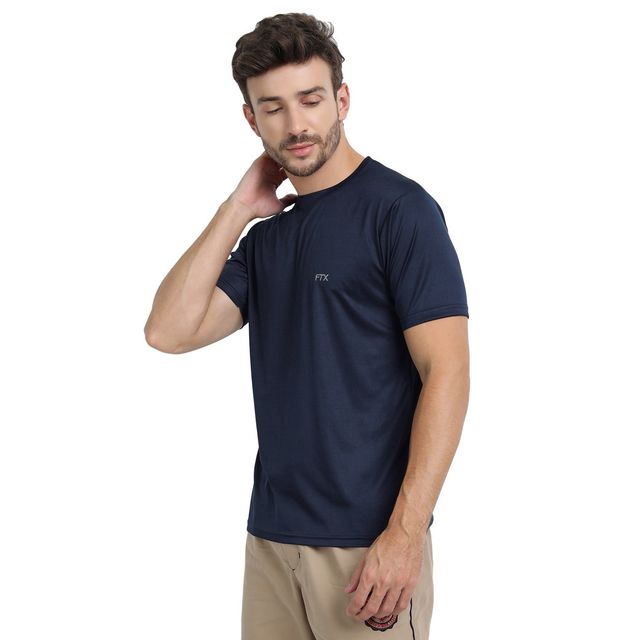 FTX Men s Solid Round Neck Polyester Half Sleeve Casual T-shirt | Airforce-Navy-Steel-Grey | XL