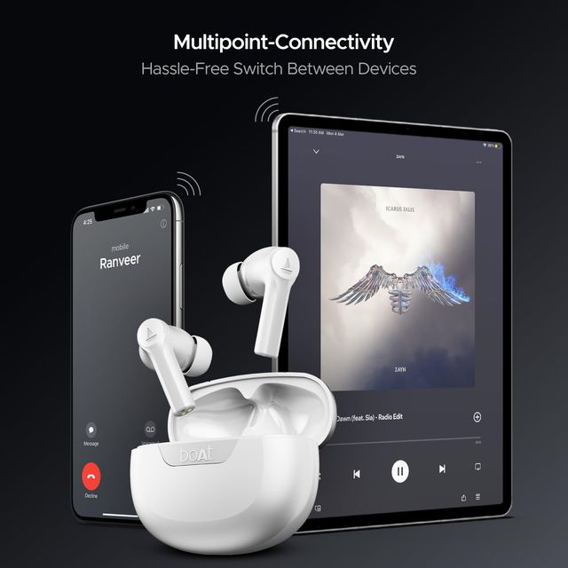 boAt Airdopes 300 TWS Earbuds w/ 50H Playtime, 4 Mics AI-ENx, Spatial Audio & Multi-Point Connectivity (Chrome White)