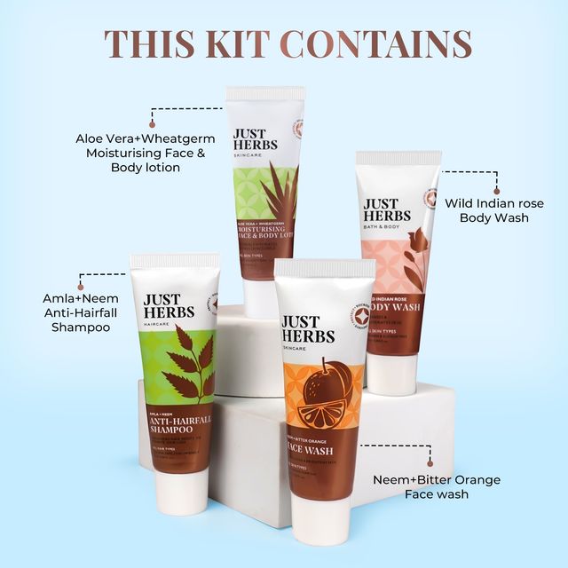Just Herbs Men Essential Head-To-Toe Mini Travel Kit With Free Pouch Shampoo