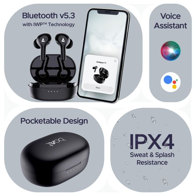 boAt Airdopes 71 TWS Earbuds w/ 40H Playtime, Dual Mics with ENx & ASAP Charge (Active Black)