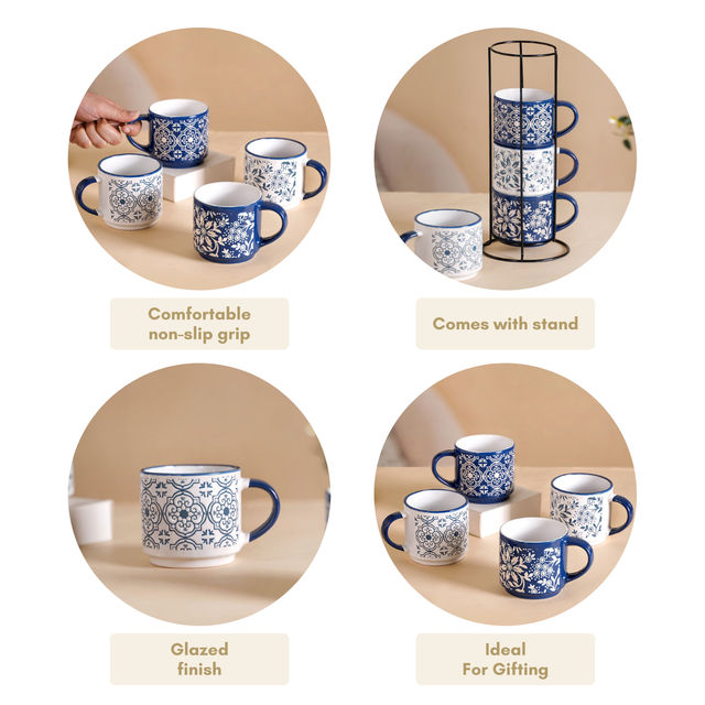 Nestasia Floral Design Stackable Coffee Mugs - Set of 4 (200ml each)