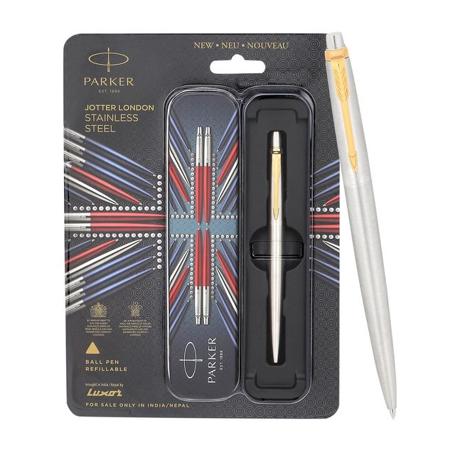 Buy Parker Jotter Stainless Steel Ball Pen Gold Trim (Blue Ink) at ₹388 ...