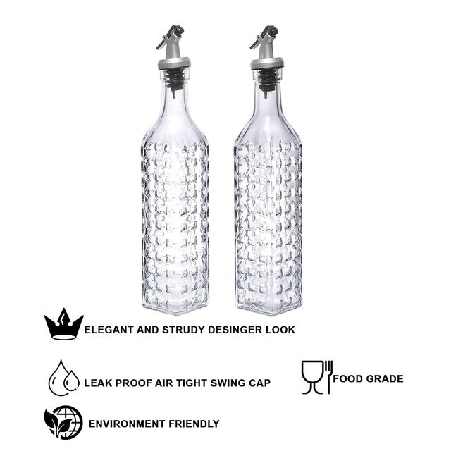 Cutting Edge 500 ml Glass Oil Pourer Dispenser For Kitchen - Oil & Vinegar Bottle | Set of 2