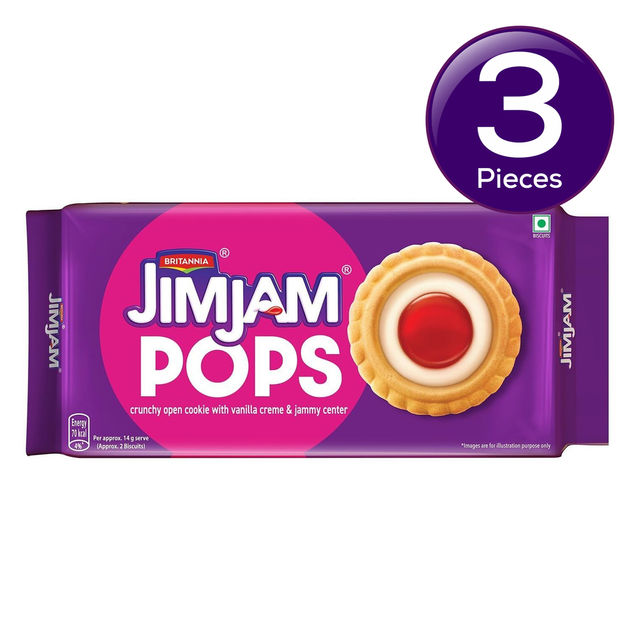Britannia Jimjam Pops, Crunchy Cookie With Vanilla Crème And Jammy Center, Open Crème Biscuit 350 g Combo