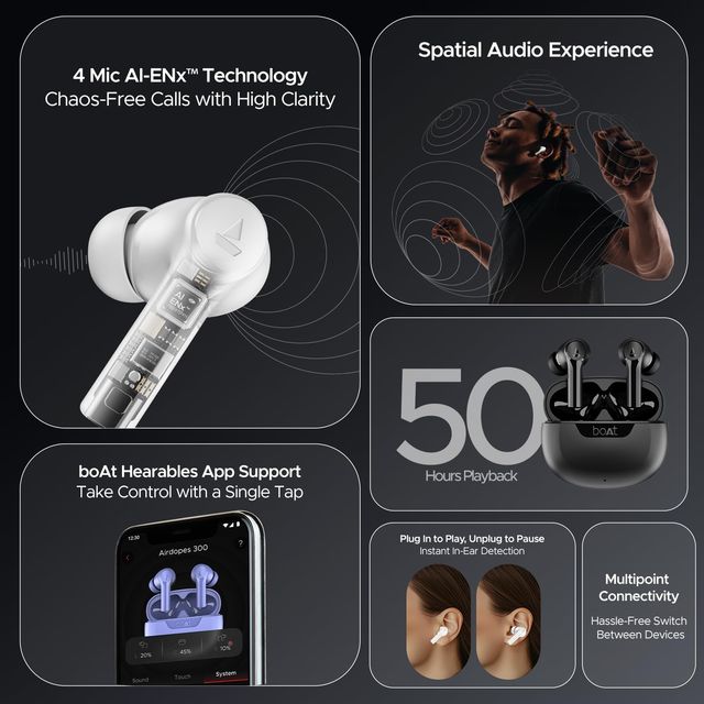 boAt Airdopes 300 TWS Earbuds w/ 50H Playtime, 4 Mics AI-ENx, Spatial Audio & Multi-Point Connectivity (Chrome White)