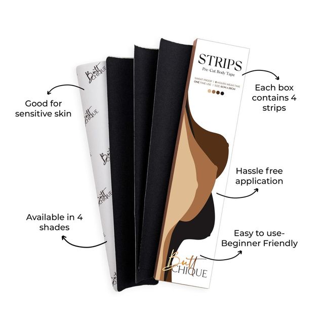 Buttchique Breast Lift Pre-Cut Body Tape Strips (Pack Of 4, Black) (6 X 28 Cms Strips)