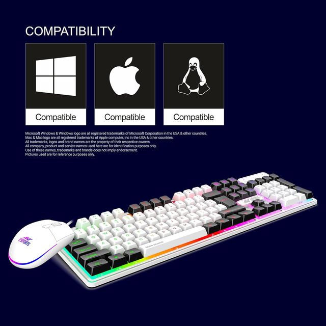 Ant Esports Km1610 Led Keyboard And Mouse Combo,104 Keys Rainbow Backlit,7 Colour Rgb Mouse, White