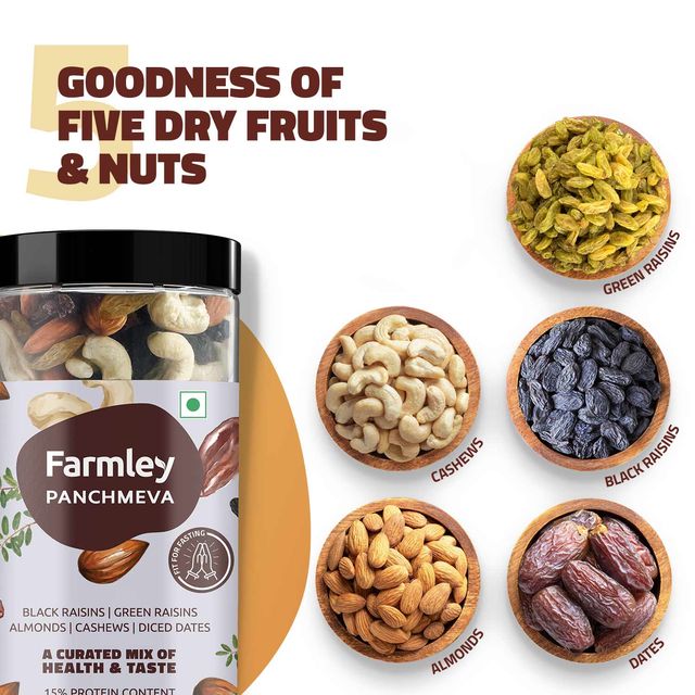 Farmley Mix Dry Fruits Panchmeva- Almonds, Cashews, Dates, Black Raisins, Green Raisins
