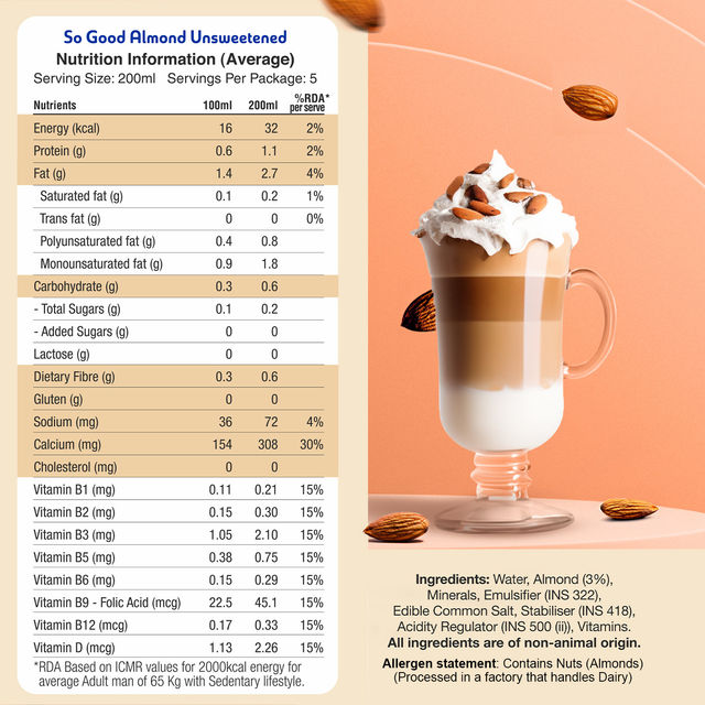 So Good Plant Based Almond Beverage Unsweetened Tetrapack 200 ml Combo