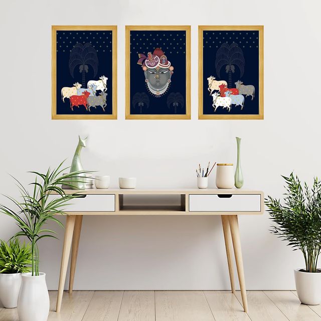 Indianara Pichwai Art Lord Shrinathji ji & Cows Wall Hanging, Set of 3, Black Frame