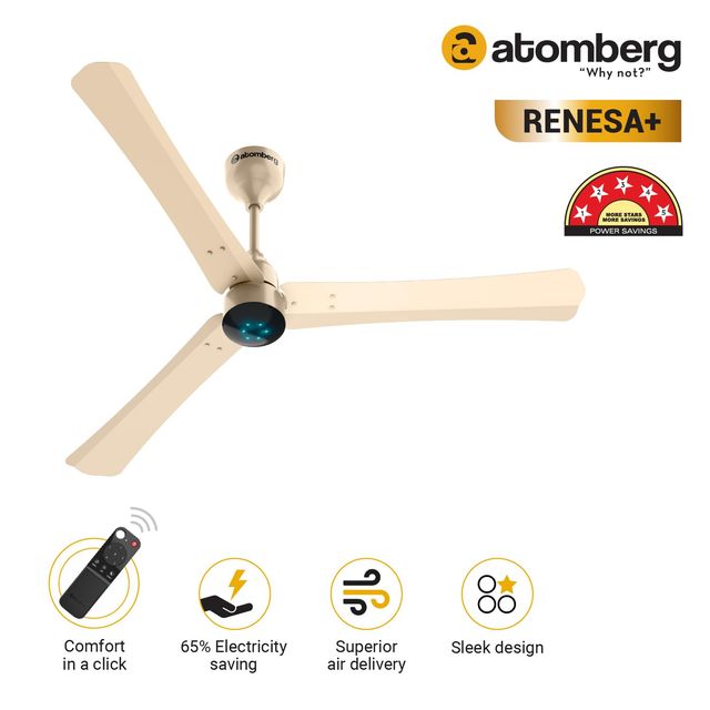 Atomberg Renesa+ BLDC Ceiling Fan,1200mm,Remote Control,BEE 5 Star,LED Indicators,Metallic Gold