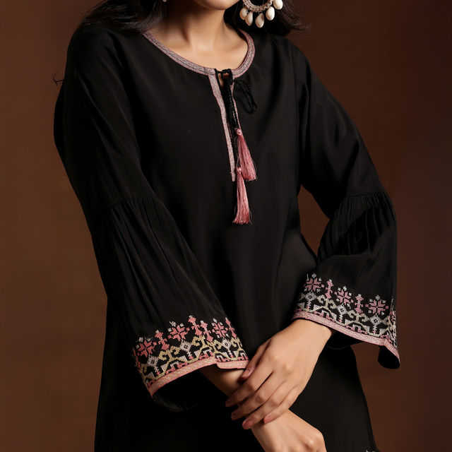 Libas Women's Ethnic Motif Embroidered Straight Kurti | 29180O | Black - M