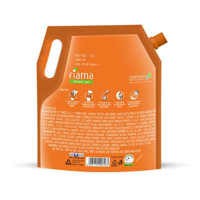 Fiama Shower Gel Peach & Avocado, Body Wash with Skin Conditioners for Soft Moisturised Skin, Pouch