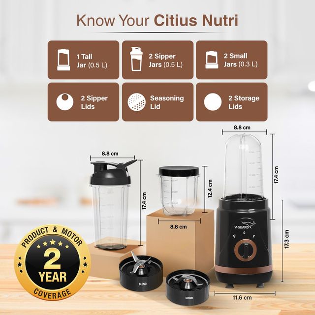 V-Guard Citius Nutri 400 W Blender Mixer Grinder Juicer | Up to 22,000 RPM | Black