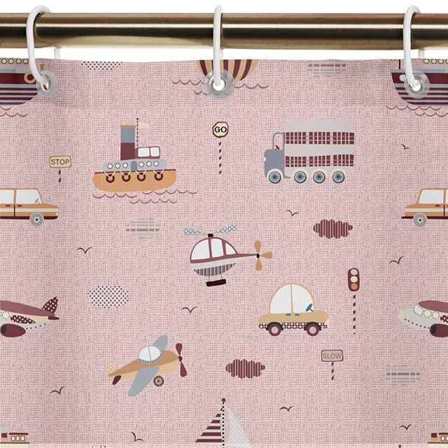 Lushomes Shower Curtain - Kids Printed Pink Travel | 12 Eyelets | 12 Hooks | 6 x 6.5 ft
