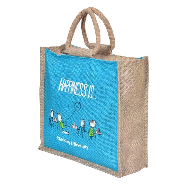 Kuber Industries Jute Blue Happiness Grocery Bag With Handle | Medium - Assorted