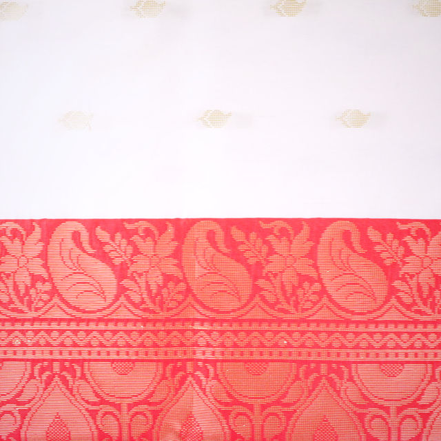 India Silk Emporium Banarasi Silk Saree | White With Red Border - Style 3