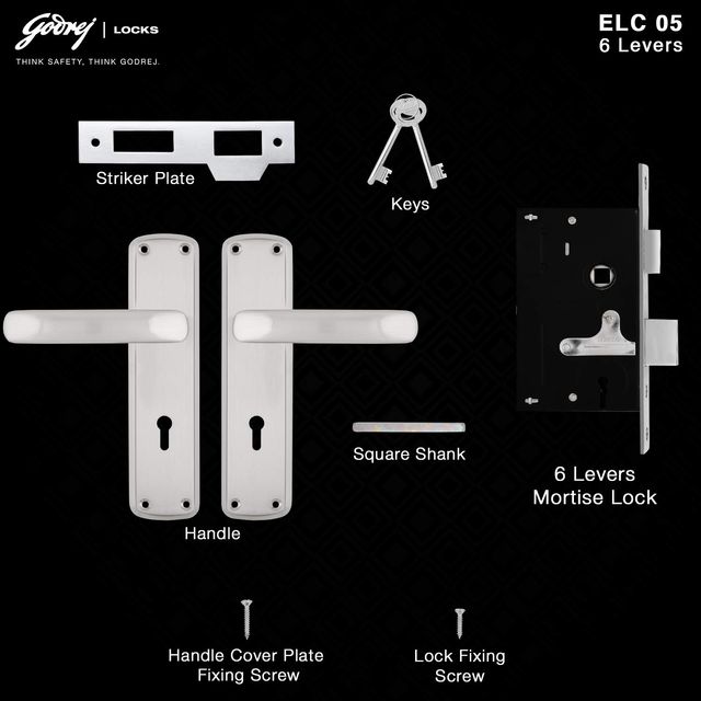 Godrej ELC 05-6 Mortise Door Lock Handle Set | 2 Keys | Satin Steel Finish | Set of 1
