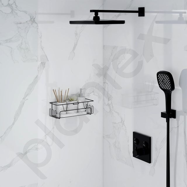 Plantex GI Steel Self-Adhesive Bathroom Shelf Organizer with Hooks - Black Powder Coated