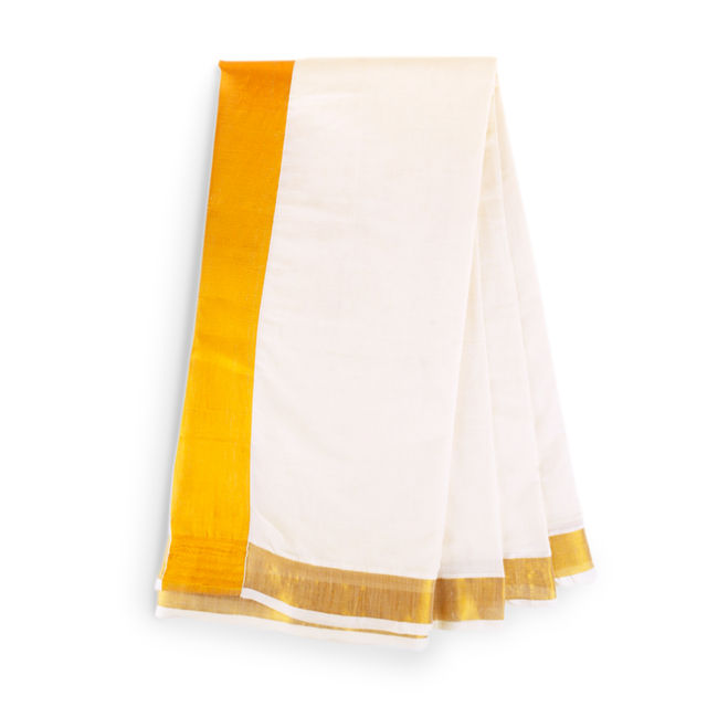Peepal Clothing India Silk Emporium Kerala Cotton Saree With Zari Border | White and Gold