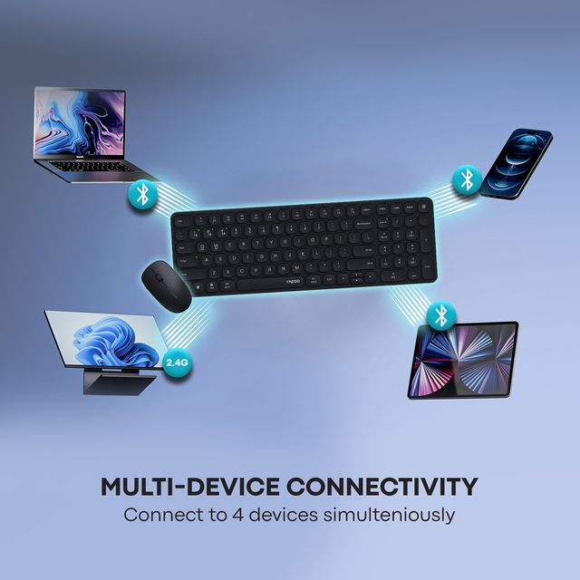 Rapoo 9320M Bluetooth 4.0 | 5.0 + 2.4GWireless Keyboard Mouse Combo | 2400 DPI | Compact Dark Grey