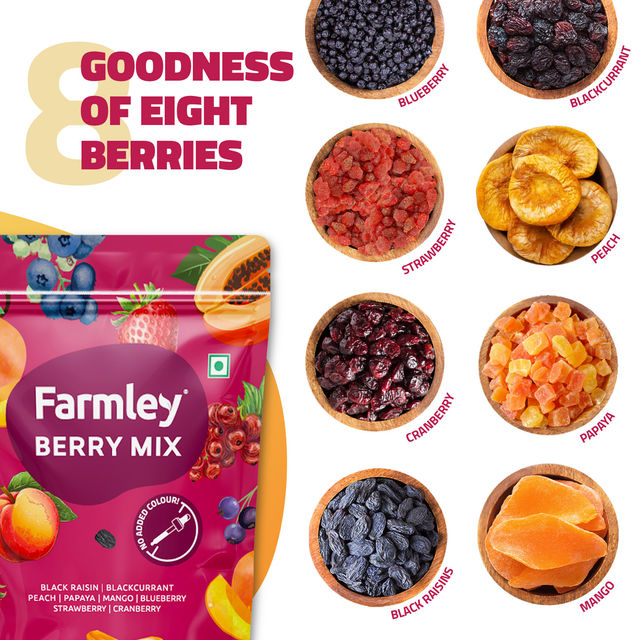 Farmley Mix Dried Berries- Cranberries, Blueberries, Strawberries, Black Raisins, Peach & More 200 g X 2 Combo