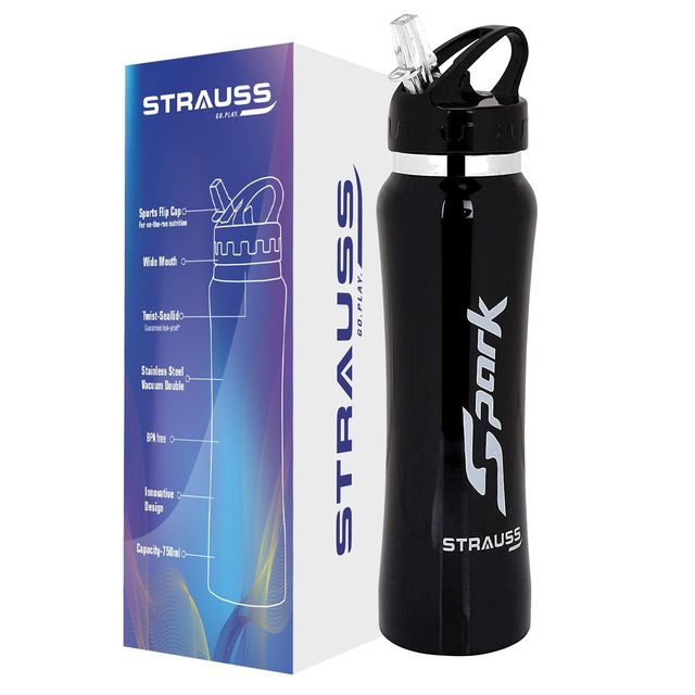 Strauss Spark Stainless-Steel Bottle, Metal Finish, 750 ml, (Black)
