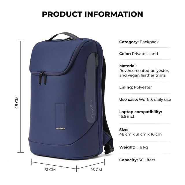 Mokobara Unisex Solid Vegan Leather and Nylon 30L Top Handle Backpack | Private Island - 15.6 Inch
