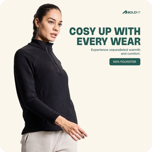 Boldfit Women's Sweatshirt Half Zipper Heavy Fleece Thermal Pullover | Aero Black - XL