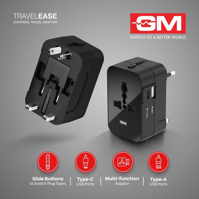 GM 3064 Travel Ease Universal Travel Adaptor | LED Indicator |Multi plug Connection | Type C | Type A | Compact and Light Weight Universal Adaptor - Black