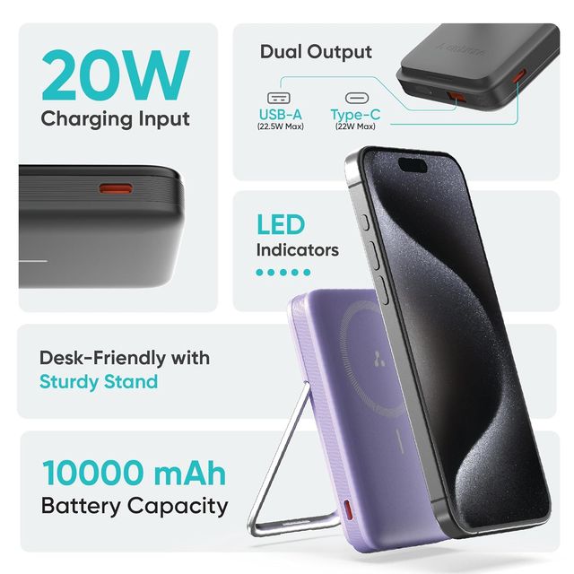 Ambrane 10000mah Magsafe Fast Wireless Power Bank for All Qi Enabled Devices (Pb11, Purple)
