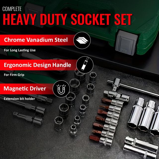 Spartan 32 In 1 Heavy Duty Socket Set 1/2" Chrome Vanadium Steel Ratchet Socket Wrench Spanner