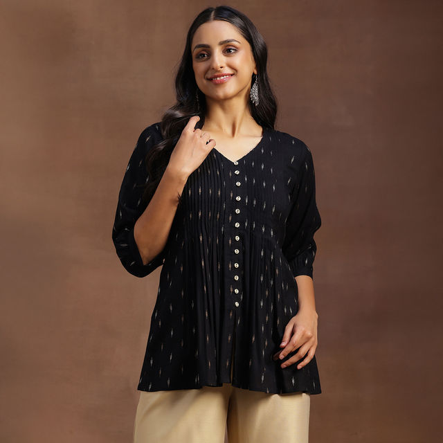 Libas Women's Zari Woven Design A-Line Pleated Kurti with Pintuck Detail | 29133 | Black - XL