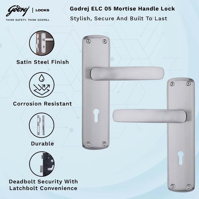 Godrej ELC 05-6 Mortise Door Lock Handle Set | 2 Keys | Satin Steel Finish | Set of 1