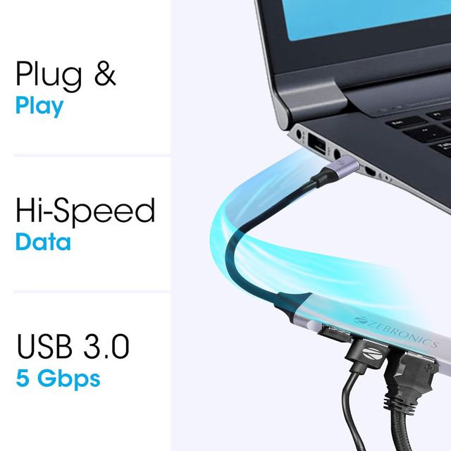 Zebronics Ta200U Type C To Usb 3.0 4 Port Hub With Hi Speed Data Transfer Plug & Play