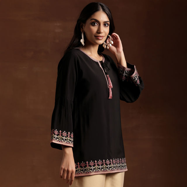 Libas Women's Ethnic Motif Embroidered Straight Kurti | 29180O | Black - M