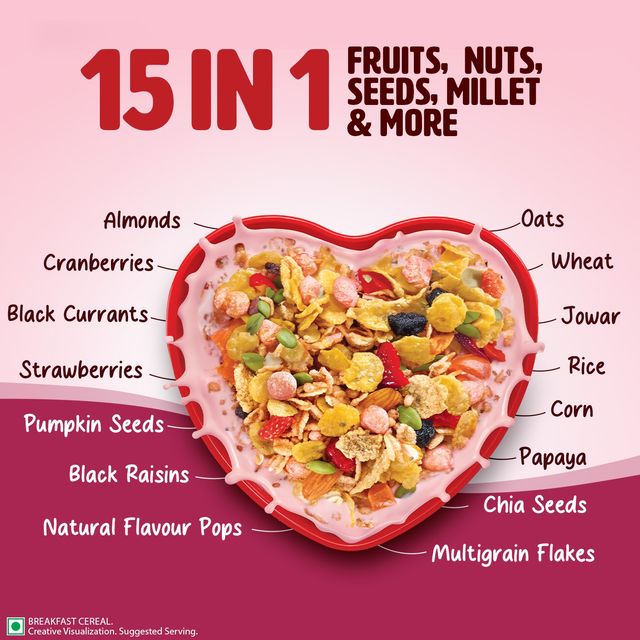Saffola Muesli Berry Crunch With Flavour Pops | 15 In 1 Fruit And Nuts, Seeds | Millet & More