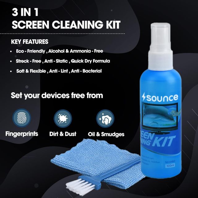 Sounce 3 In 1 Cleaning Kit Set For Screen Pc, Laptops, Monitors, Mobiles