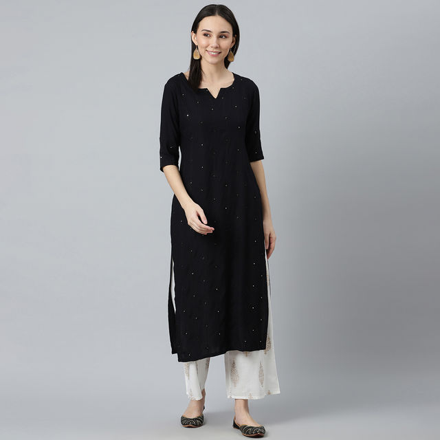 Libas Women Black Rayon Embroidered Mirror Work Straight Kurta - 12077OXL