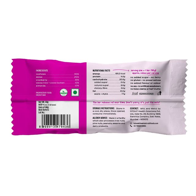 The Whole Truth Choco Cranberry Fudge Energy bar 40 g Combo