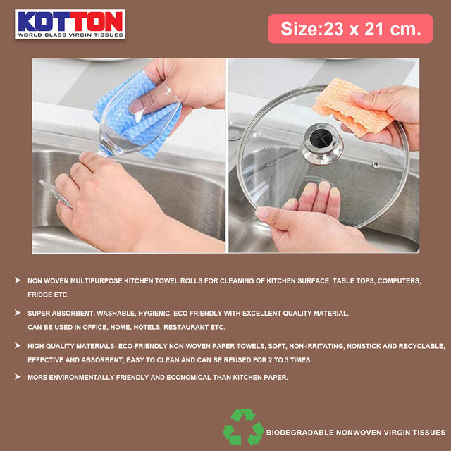 Kotton Non Woven Reusable And Washable Kitchen Roll | 23 cm X 21 cm - 80 Pulls - Assorted