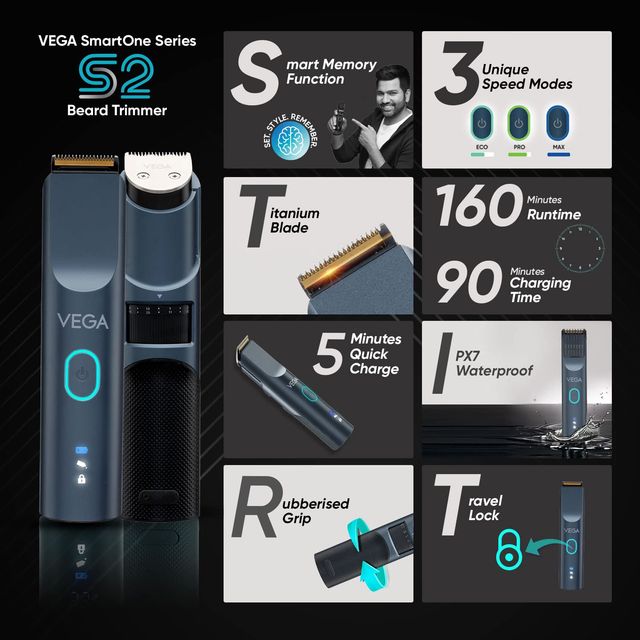 VEGA Smartone Series S2, Vhth-31 Fully Waterproof Trimmer 160 Min Runtime 40 Length Settings (Blue)