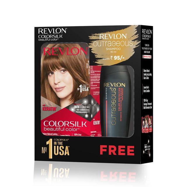 Revlon ColorSilk Hair Color with Keratin - 4G Medium Golden Brown - (with Outrageous Shampoo 90 ml)