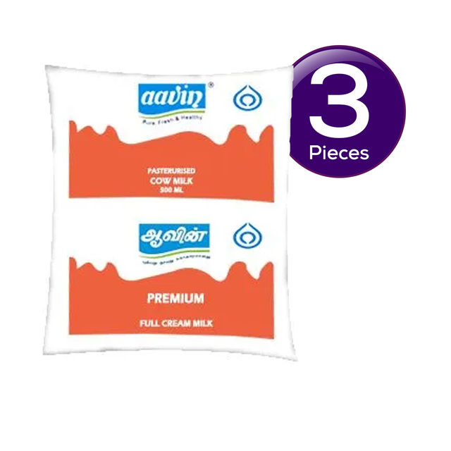 Aavin Premium Full Cream Fresh Milk (Pouch) 500 ml Combo