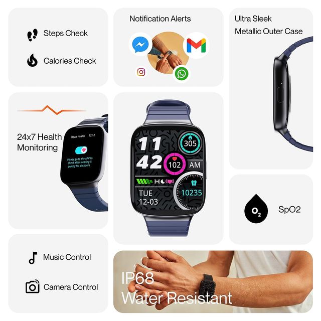 Ambrane Fitshot Edge Smartwatch With Health Monitoring | 1.69" HD Display | IP68 Waterproof - Blue