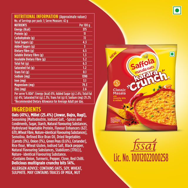 Saffola Masala Oats Karara Crunch, Tasty Snack, Classic Masala