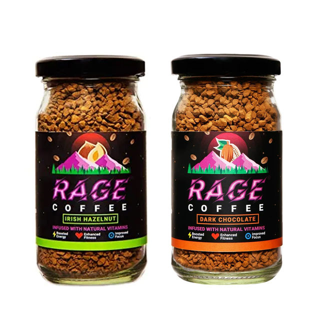 Rage Coffee Irish Hazelnut Flavour - Premium Arabica Instant Coffee - 50 Gm(50gms) & Rage Coffee Dark Chocolate Flavour - Premium Arabica Instant Coffee(50gms) Combo