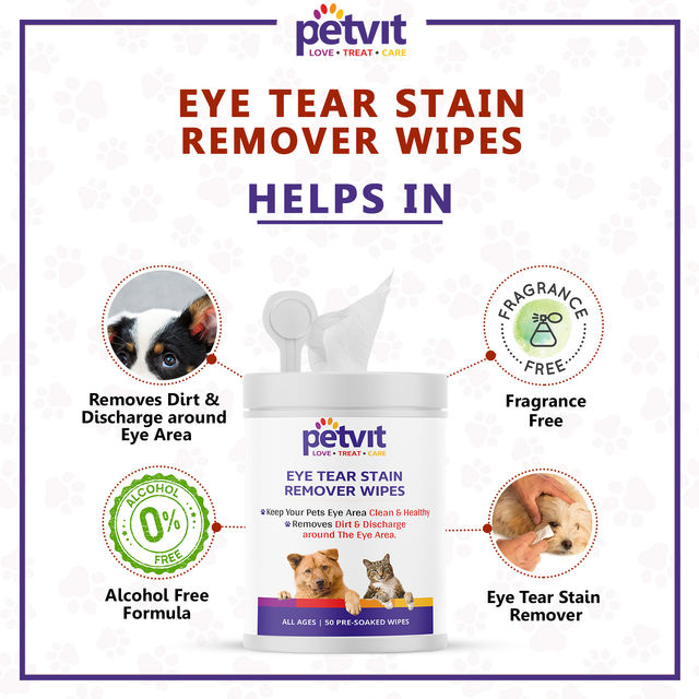 Petvit Eye Tear Stain Remover Wipes For Dogs And Cats - Fragrance Less 50 Wipes