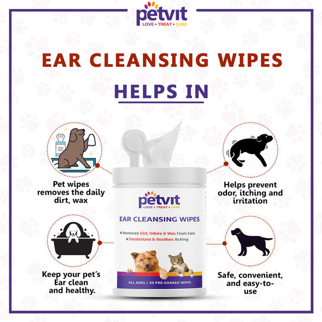 Petvit Ear Cleansing Wipes For Dogs And Cats To Remove Dirt - Fragrance Less 50 Wipes